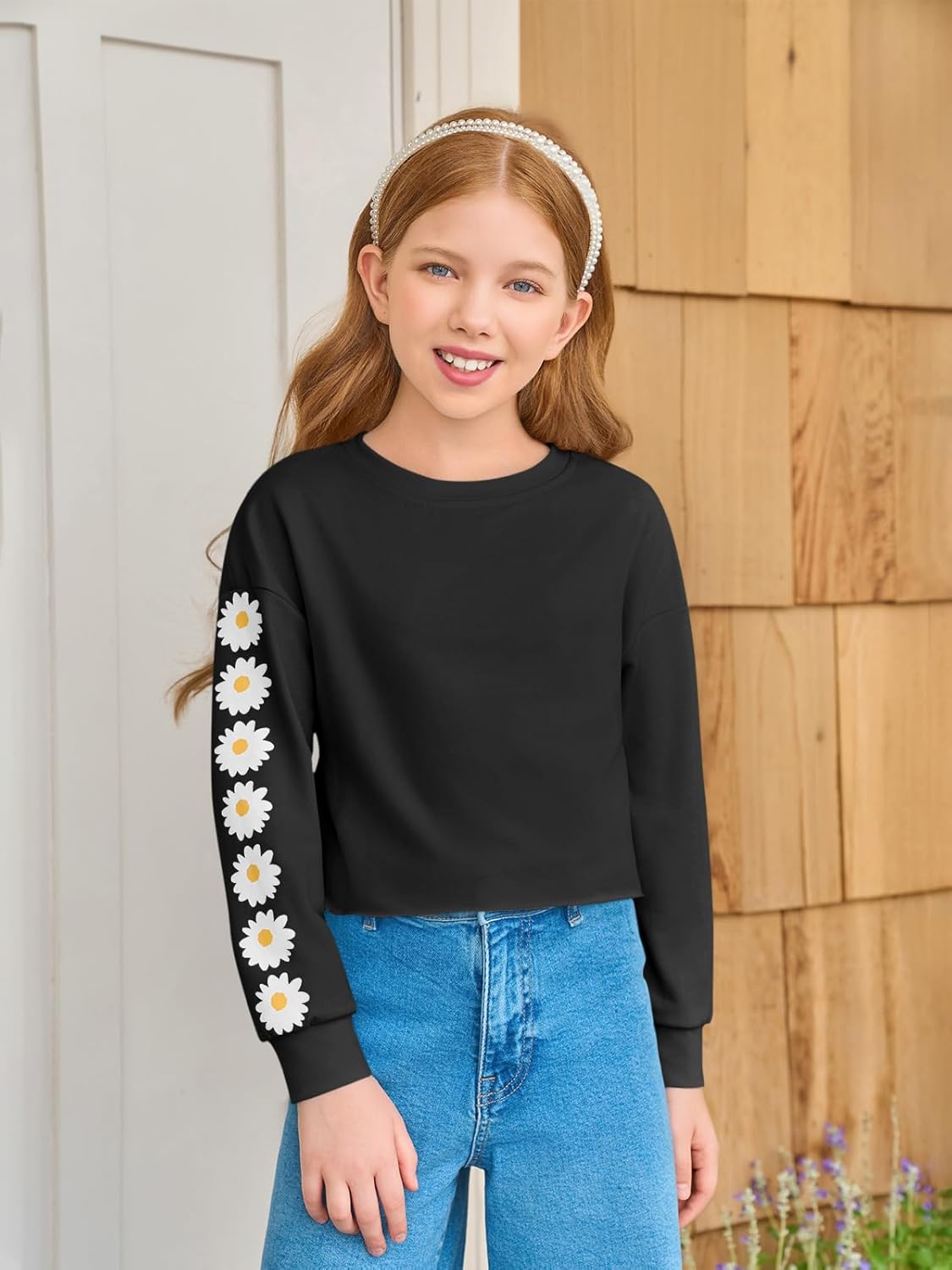 Haloumoning Girls Cute Daisy Pinted Cropped Sweatshirt Kids Long Sleeve Crop Tops Fall Fashion Shirts - Image 3
