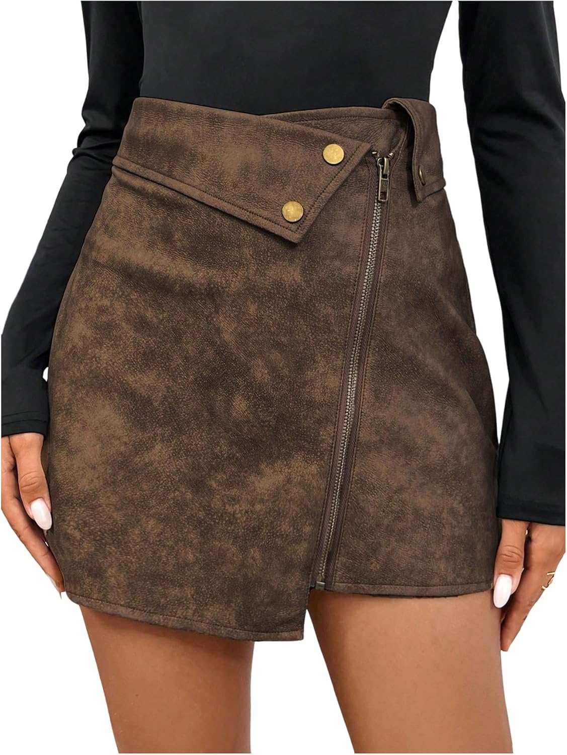 SweatyRocks Women's Punk Retro PU Leather Mini Skirts High Waist Zipper Button Asymmetrical Skirt - Image 4