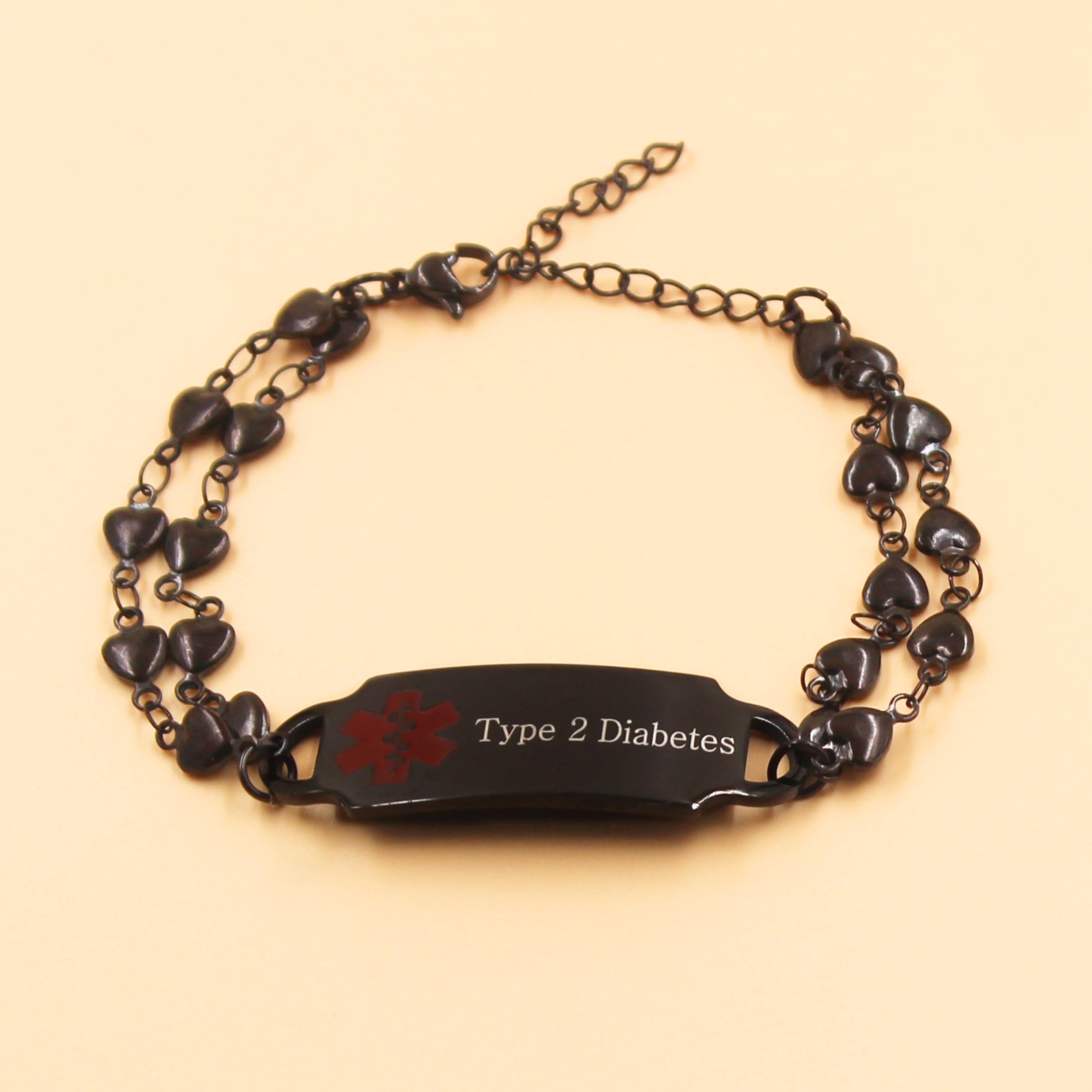 YA5199 Bracelet d'identification médicale d'urgence double brin réglable en forme de cœur étanche pour homme Noir en acier inoxydable