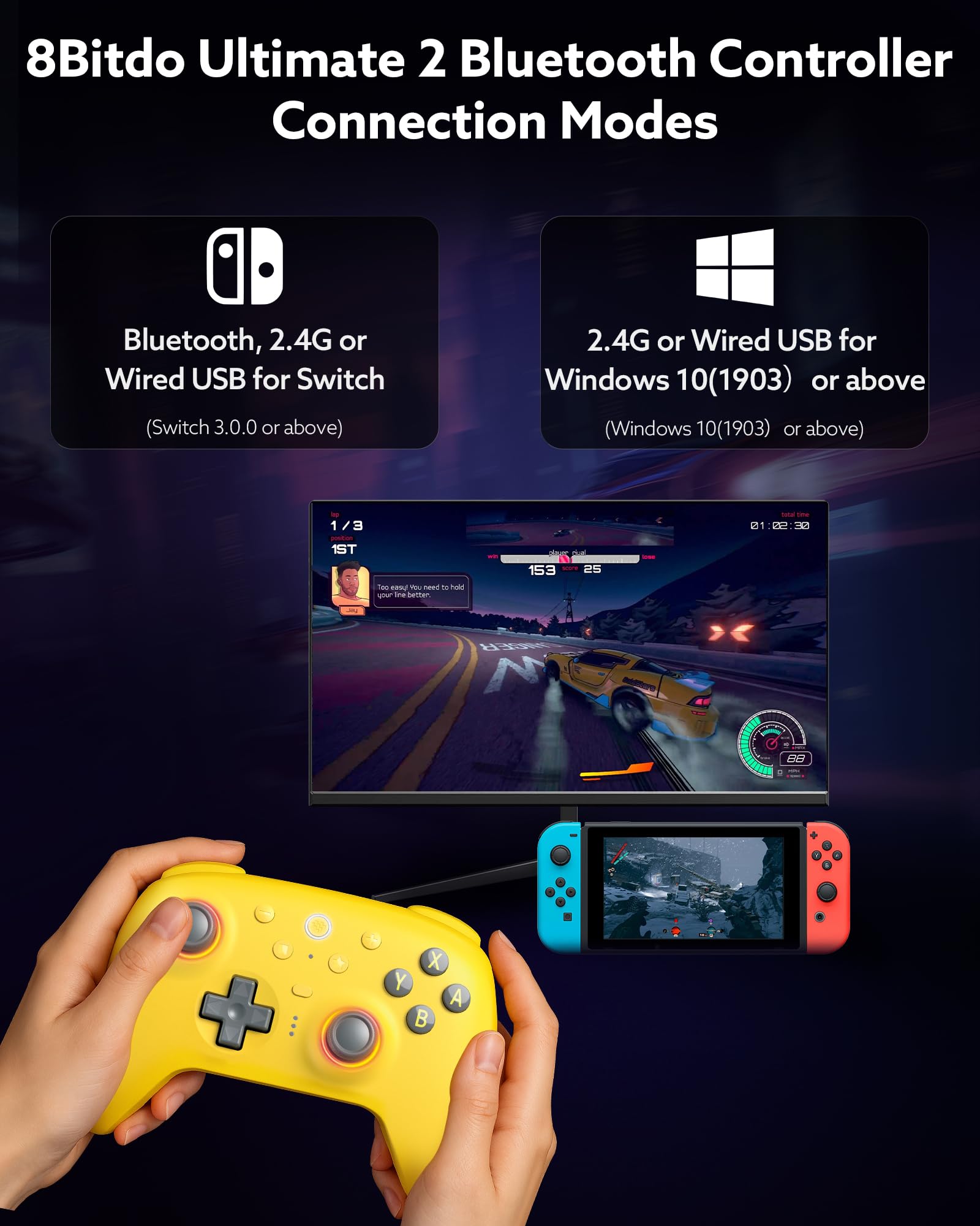 Controller Bluetooth 8Bitdo Ultimate 2 Per Switch 2, Switch, PC Windows, Aggiornamento Joystick TMR, Anello Fuoco RGB, Grilletti Tattili Effetto Hall Commutabili, Vibrazione, L4/R4 Rimappabili, Giallo