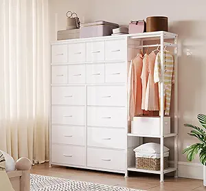 Tall Dresser for Bedroom with 16 Drawers & Clothes Rack & 2 Storage Shelves, Fabric Dressers & Chests of Drawers, Large Closet Dresser for Storage and Organization (General Clothes Rack, White PU)