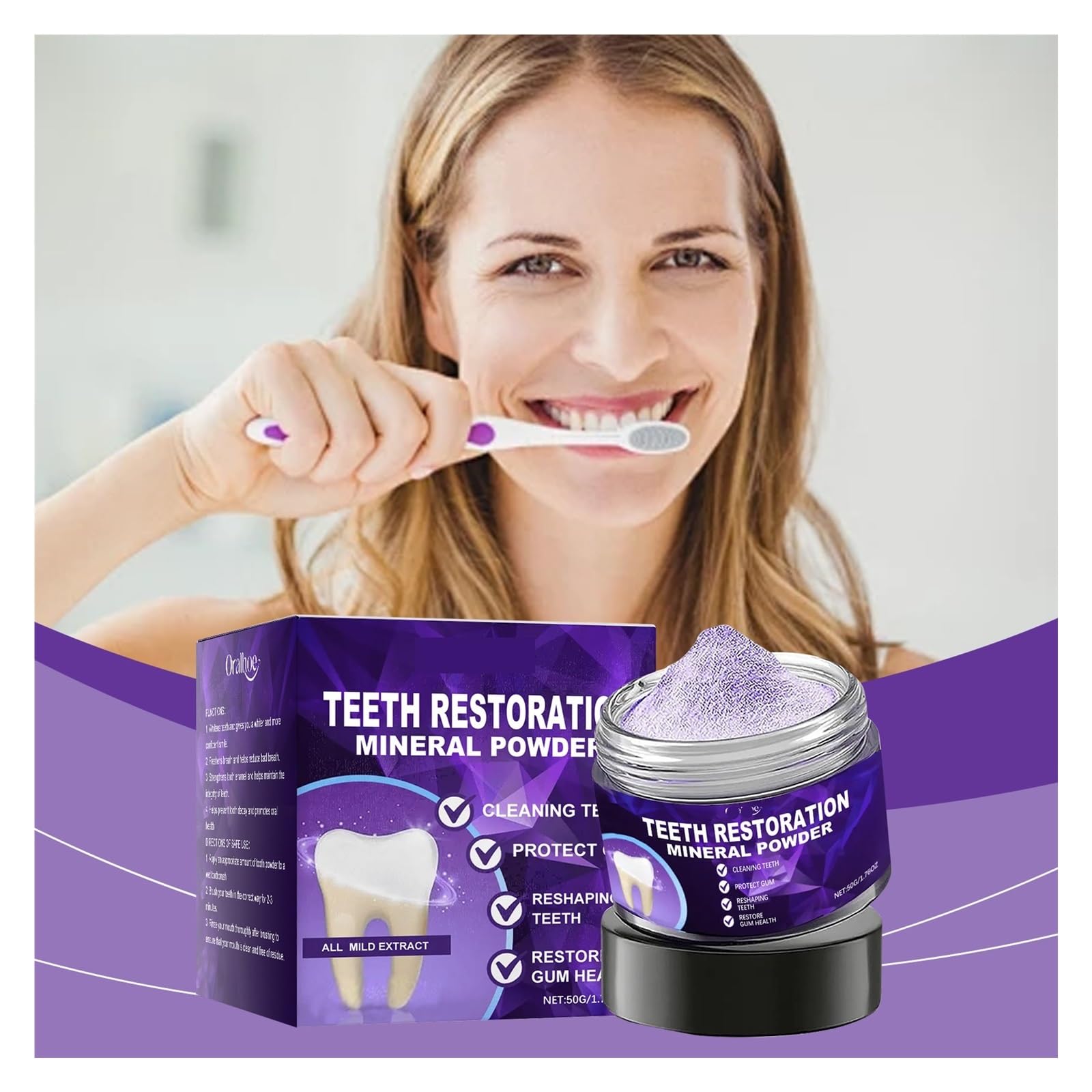 Polvo dental de 50 g: polvo fino con baja abrasión, limpia entre los dientes sin sensación arenosa(2pcs)