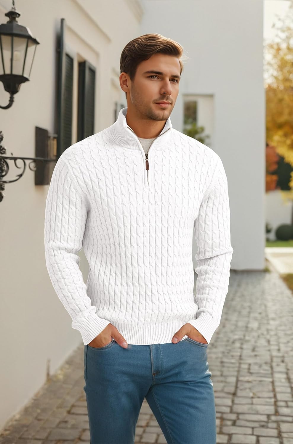 Askdeer Men's Cable Knit Sweater Quarter Zip Sweater Mock Neck Polo Sweater Casual Pullover Sweater with Ribbing Edge - Image 5