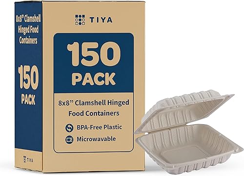 TIYA - Recipientes de comida de almeja, paquete de 150 unidades, 8 x 8 pulgadas, recipientes de almacenamiento de plástico libre de BPA, con