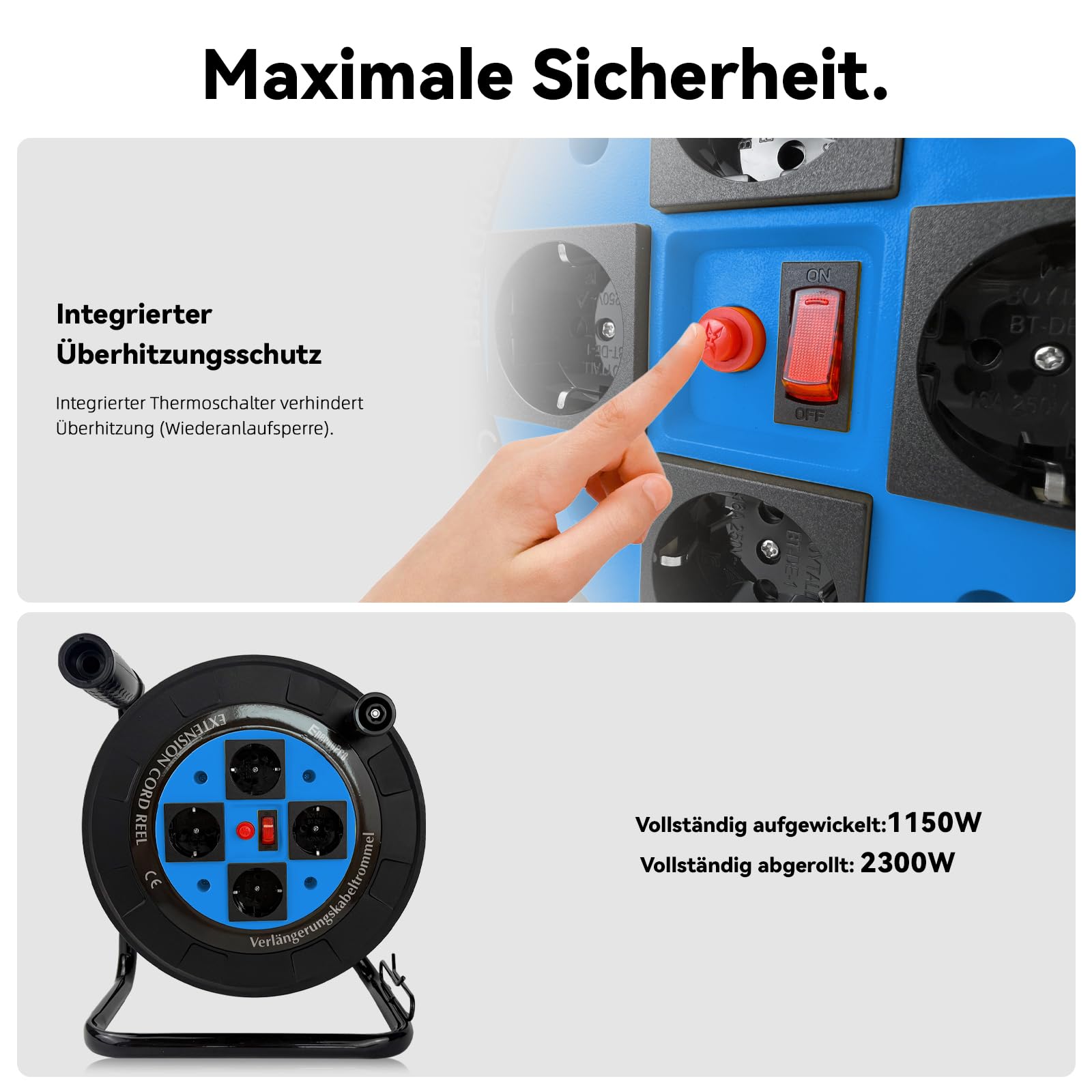 EnergyPro DL616B-EU Kabeltrommel leer IP44 4-fach Schuko Steckdosen, manueller Kabelaufroller mit klappbarem Griff, Leertrommel ohne Kabel