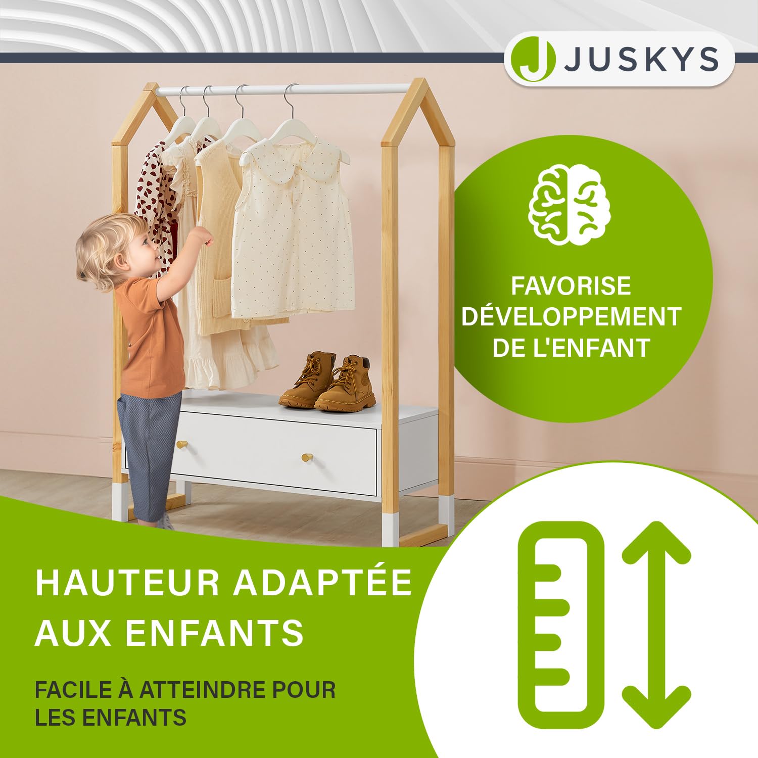 Juskys penderie Filla pour Enfants - Grand tiroir, Tringle à vêtements, étagère Ouverte - portemanteau en Bois pour Enfants - Filles et garçons - portemanteau Blanc