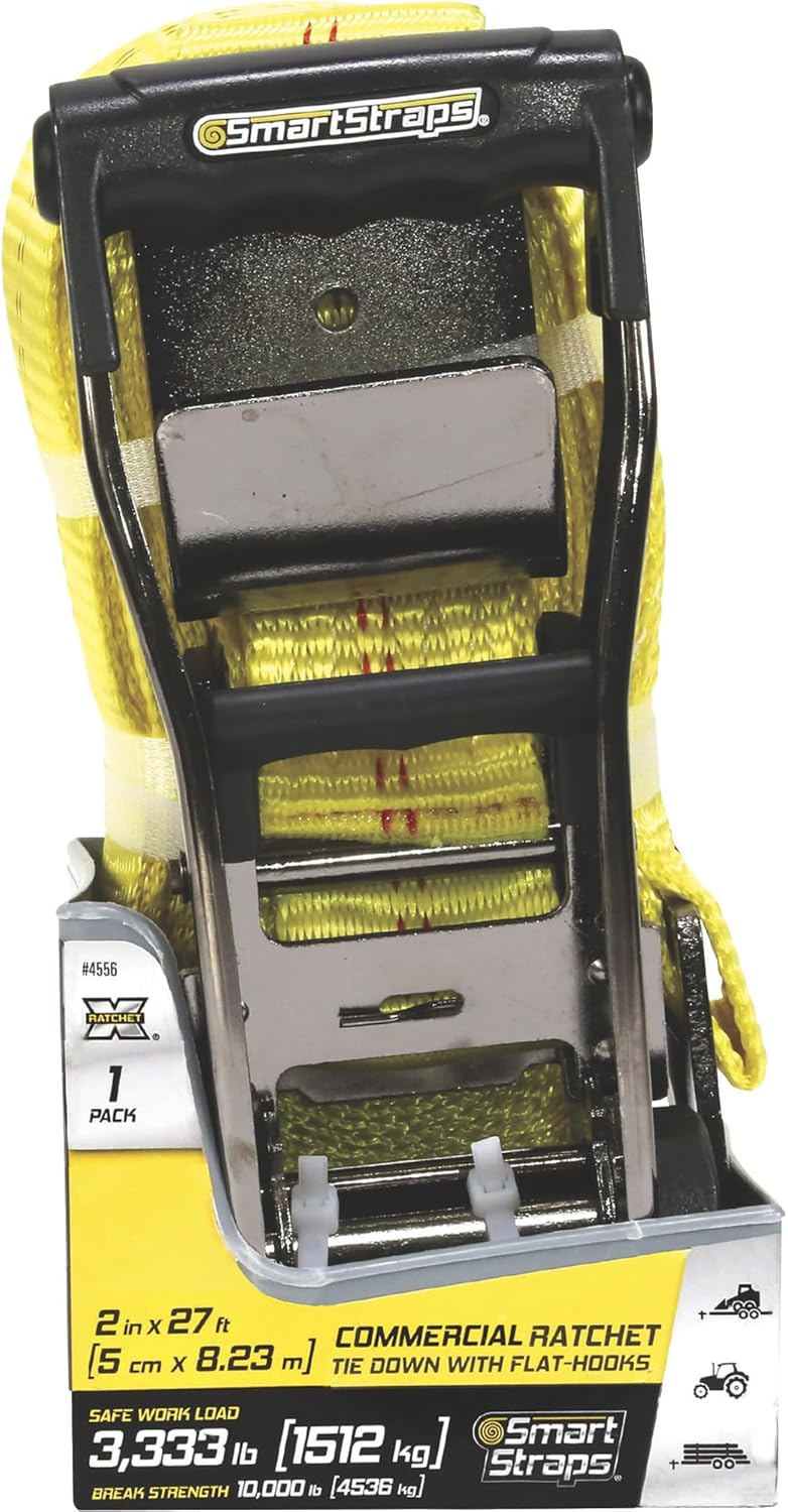 SmartStraps Commercial-Grade Black Nickel Ratchet Tie-Down Strap - 2in. x 27ft. with Flat Hook, 10,000-Lb. Breaking Strength, Yellow, Model Number 4556