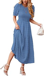 dowerme Womens Puff Sleeve Smocked Ruffle Maxi Dress | Summer Casual Crewneck Flowy Long Sundress,Fall Elegant Wedding Guest Dresses,Spring Trendy Travel Beach Vacation Clothes