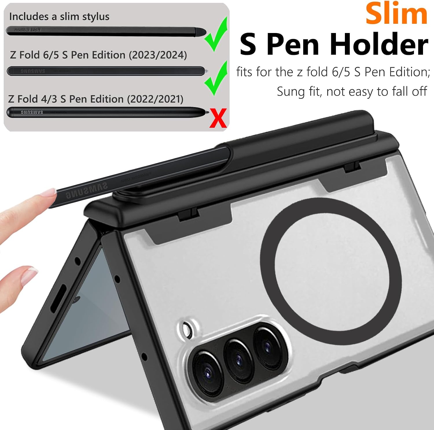for Samsung Galaxy Z Fold 6 Case with S Pen Holder & Stylus,Fold6 Magnetic Case with Privacy Screen Protector Hinge Protection Compatible with Magsafe Pen Slot Cover for Z Fold 6 Black