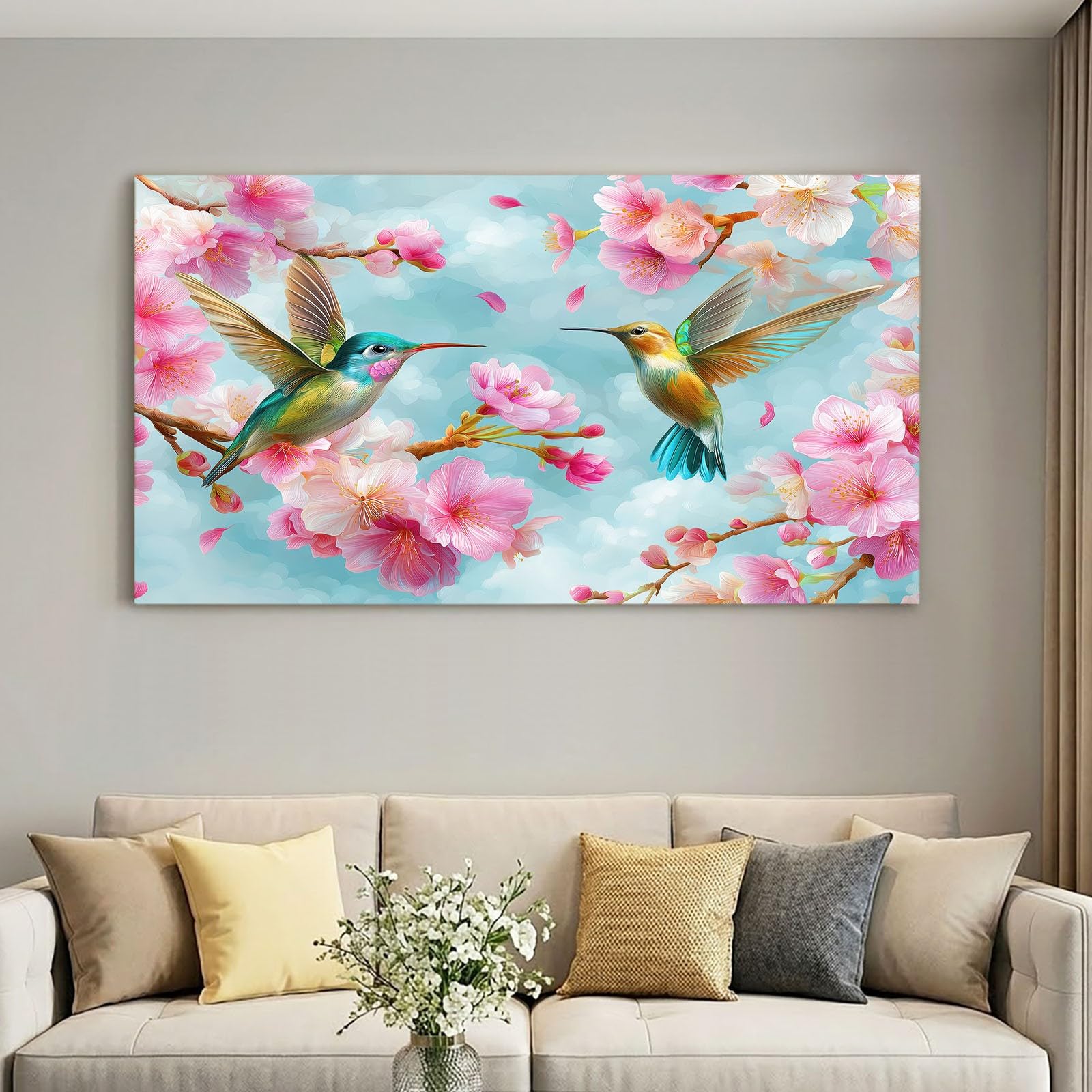 Sztuka ścienna na płótnie do salonu, sypialni, biura, kuchni, 120 x 60 cm, plakat akwarelowy, druk na płótnie, obraz, zielony, kwiatowy gałąź, koliber, grafika, dekoracja domu, obrazy