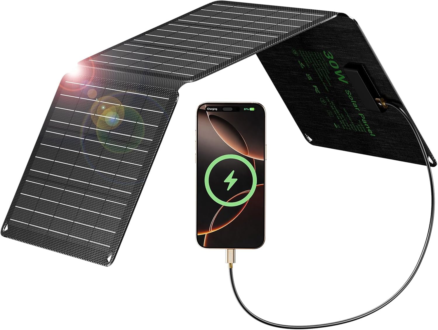 Panneau Solaire Camping 30W IP67 Étanche pour Randonnée et Plein Air