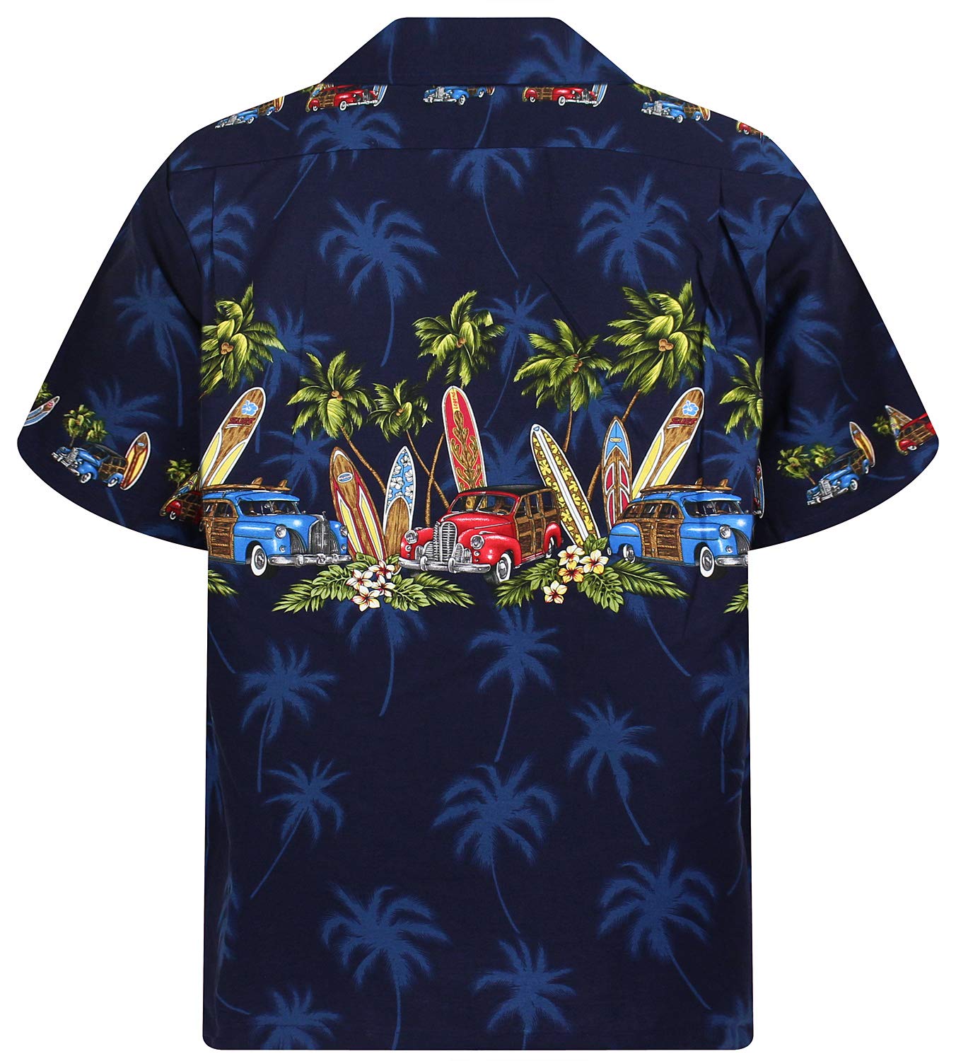 Pacific Legend Original Hawaiihemd, Kurzarm, Surfbretter Autos Brust-Print, Schwarz, 4XL