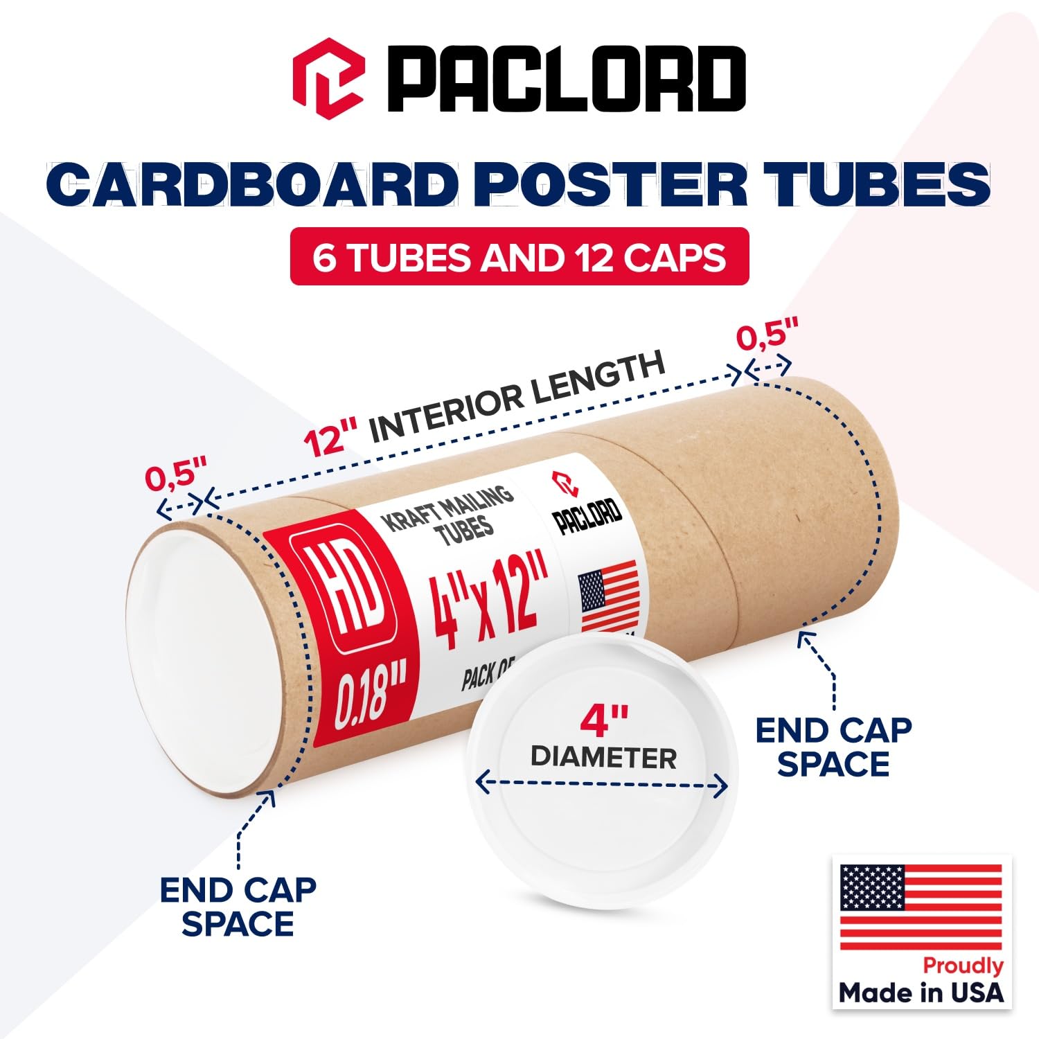 Tubo de cartón reforzado de alta resistencia de 4 x 12 pulgadas, paquete de 6 tubos con 12 tapas, aprobado por USPS seguro, ideal para envío y almacenamiento de impresiones, obras de arte