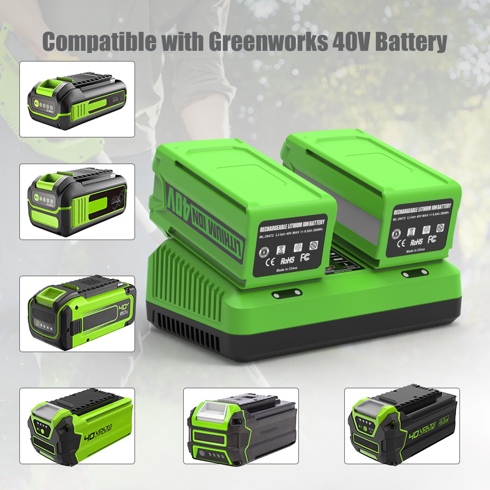 Caricabatterie 40 V Doppia Porta per Greenworks Caricabatterie G40C di Ricambio per Greenworks Batteria 40 V 29462 29472 29252 20202 22262