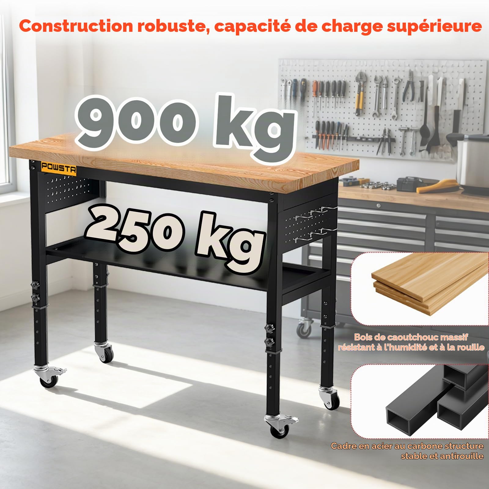 Établi Atelier Garage 120 cm Réglable 5 Hauteurs, Bois Caoutchouc 900 Kg | Double Niveau/2 Roue Avec Frein/ 6 Crochets/Panneau Perforé/Garage Atelier Bureau Maison Commercial