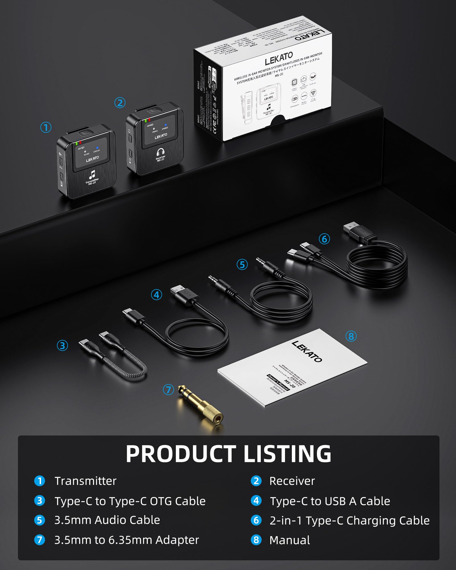 LEKATO Sistema di monitoraggio in-ear wireless, Sistema IEM stereo wireless professionale 2.4G con trasmettitore e ricevitore, OTG, adatto per prove di band, spettacoli dal vivo (1TX+1RX)