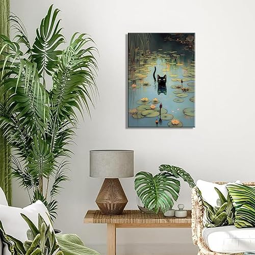 Miniatura 5 de Lienzo de lirio de agua negro con gato negro, arte de pared divertido de loto negro, imágenes retro clásicas, impresionistas, pintura de naturaleza,