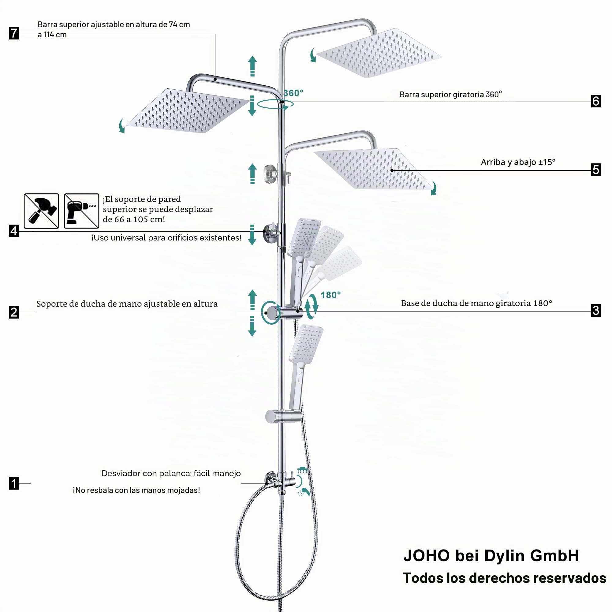 JOHO Columna de Ducha Acero Inoxidable sin Grifo Thermostato, Set Ducha con Barra Altura Adjustable con Ducha Mano Alcachofa y Cabezal Rociador Lluvia 30x30cm, Cromo