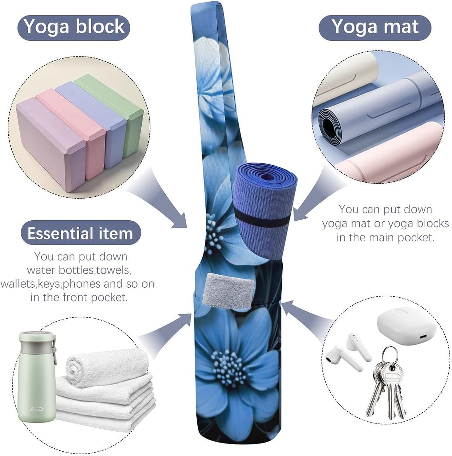 Yoga Mat Carrying Bag,Blue Flowers Printed Women's Yoga Bag with Multi-Functional Storage Pockets,Large Yoga Mat Bag Fits Most Size Yoga Mats