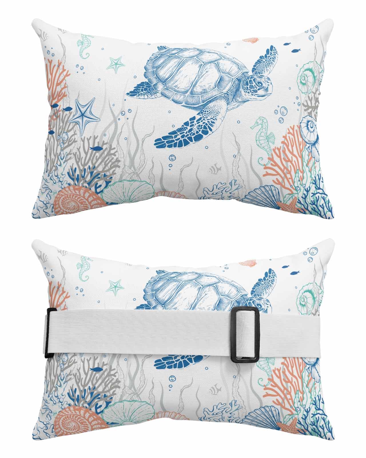 Anzona Pack of 2 Blue Orange Teal Coastal Lumbar Pillow Covers, Outdoor Waterproof Throw Pillow Covers Set, Sea Turtle Nautical Coral Beach Decorative Cushion Case for Patio Beach, 11x16 Inch