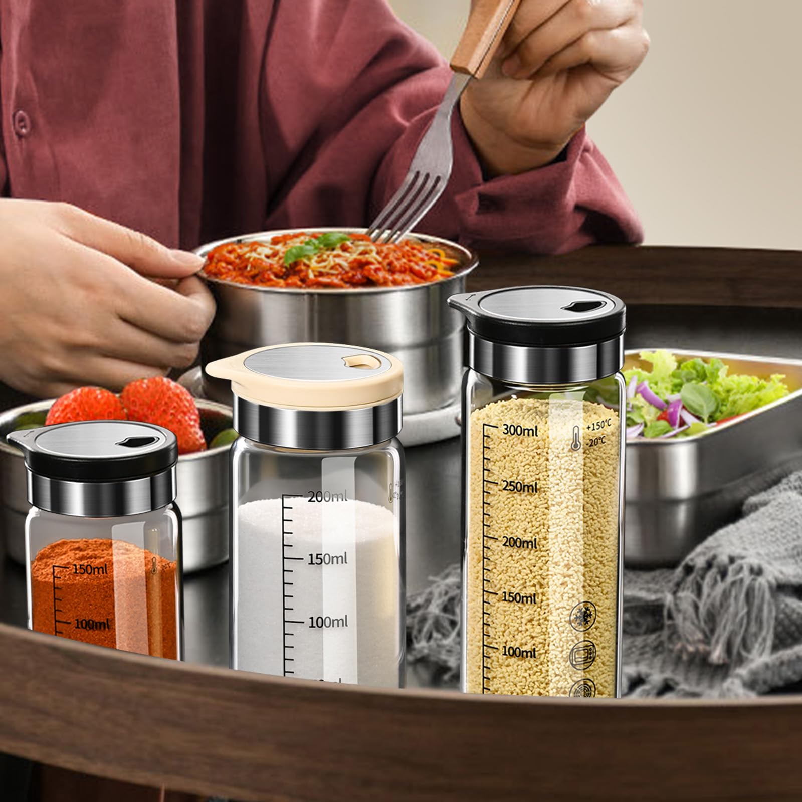 Salière et poivrière, verre borosilicaté haut avec couvercle en acier inoxydable, distributeur de sel pour cuisine (kaki, 200 ml)