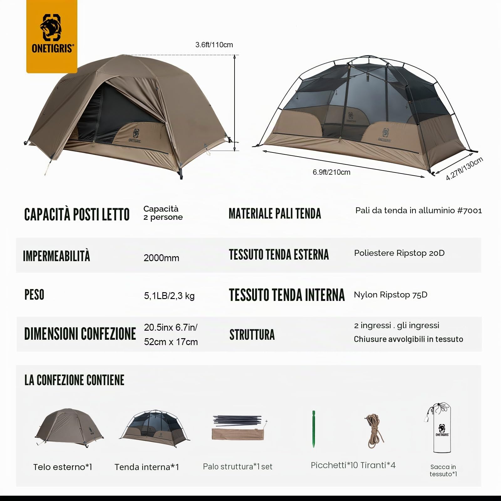OneTigris COSMITTO 2.0 - Tenda da campeggio autoportante, leggera, impermeabile, 3 stagioni, per attività all'aperto, escursionismo, alpinismo