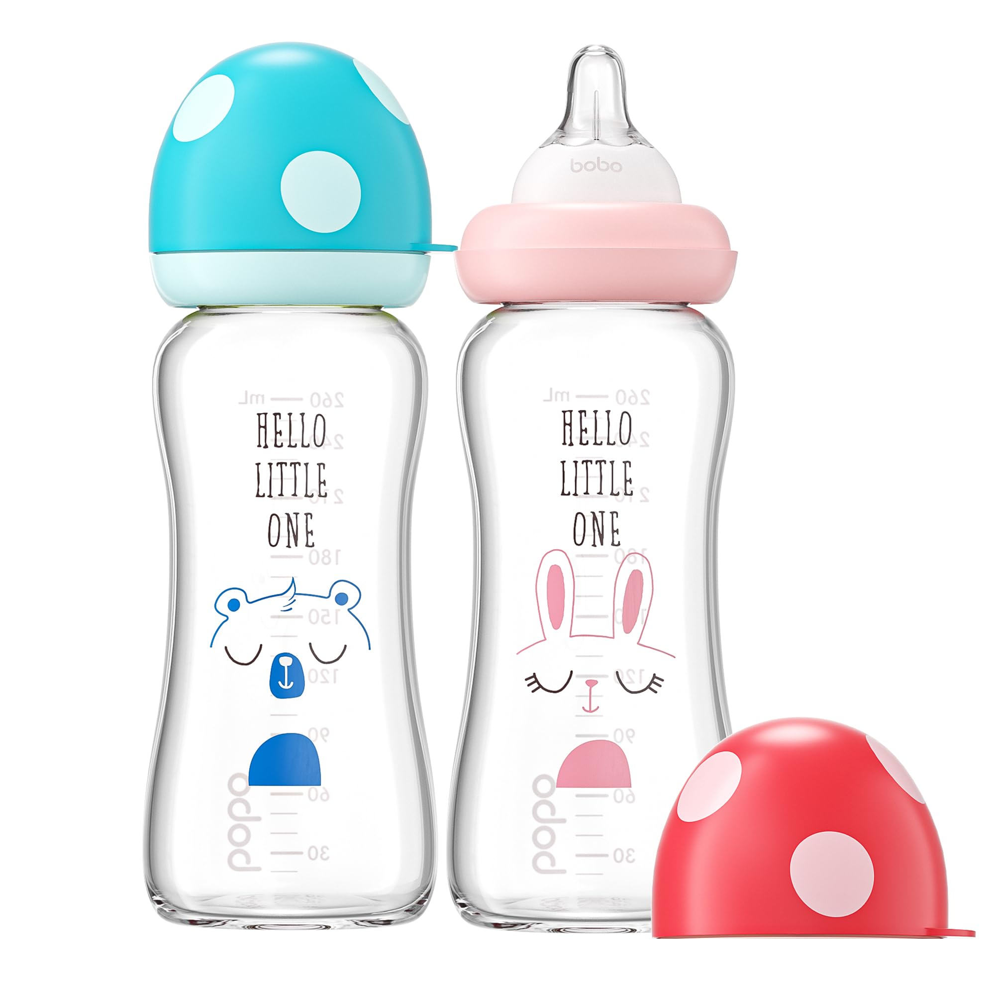 YOHKOH Natural Glass Baby Bottle with Level 2 Medium Flow Nipple, Newborn Anti-Colic Baby Bottles, Wide Neck Mushroom Baby Glass Bottle (8.8ounce (