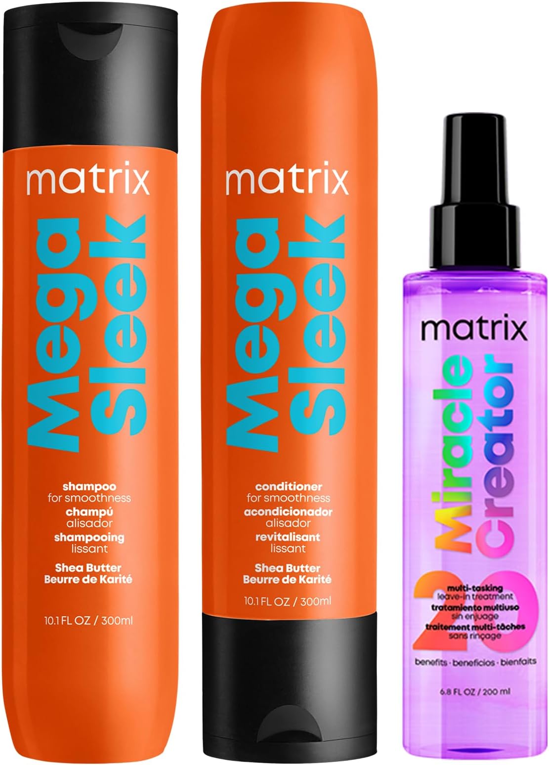Matrix Mega Sleek Shampoo, Conditioner, & Miracle Creator Set | Controls Frizz Leaving Hair Smooth & Shiny | Nourishes with Shea Butter | For Dry, Damaged Hair | Salon Routine | Packaging May Vary