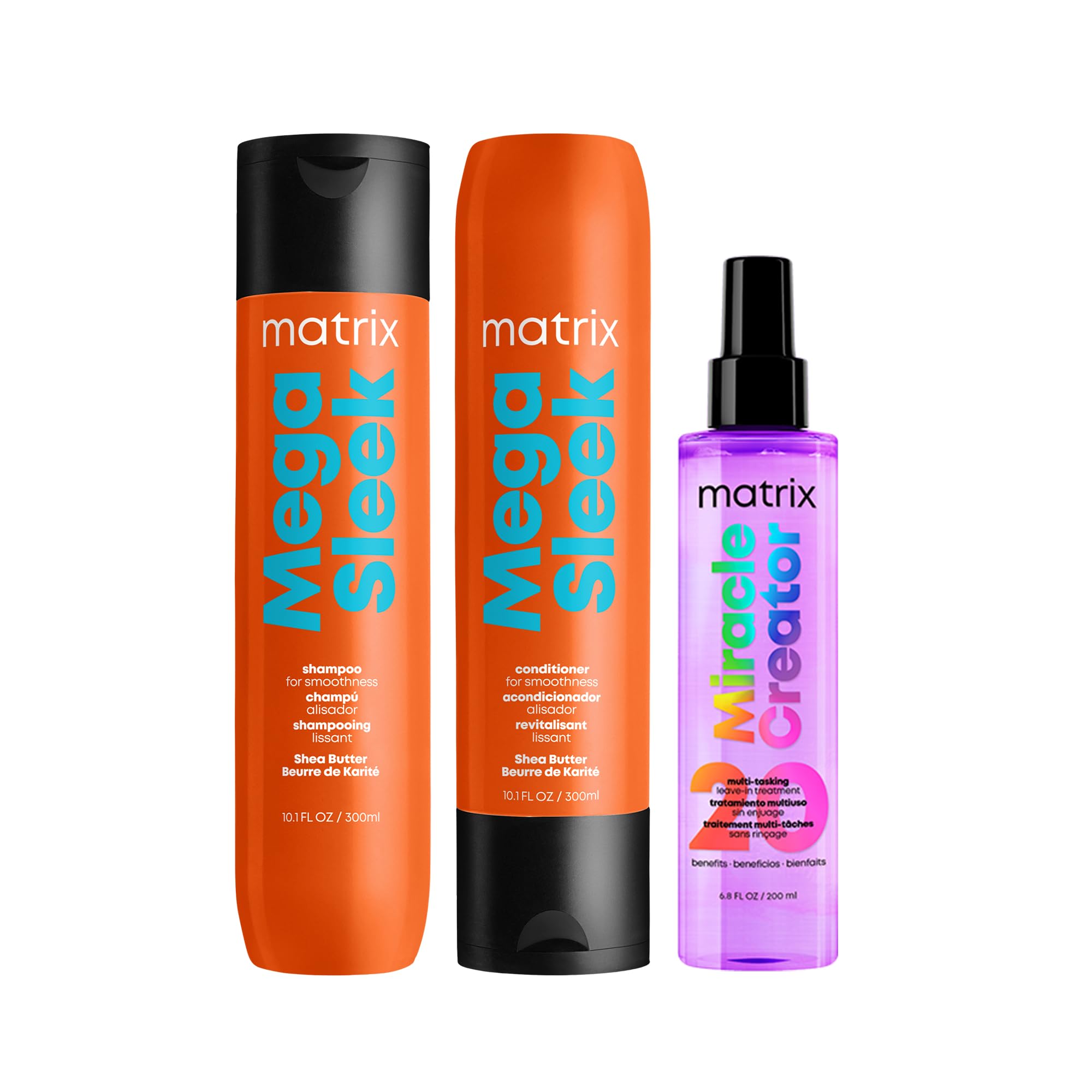 MatrixMega Sleek Shampoo, Conditioner, & Miracle Creator Set - Controls Frizz Leaving Hair Smooth & Shiny, Nourishes With Shea Butter, For Dry, Damaged Hair, Salon Routine