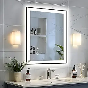 28x32 LED Bathroom Mirror - Black Aluminum Framed, Front and Backlit Mirror,Anti-Fog Framed Bathroom Vanity Mirror,Stepless Dimmable Lighted Mirror,3 Colors Smart Mirror(Horizontal/Vertical)