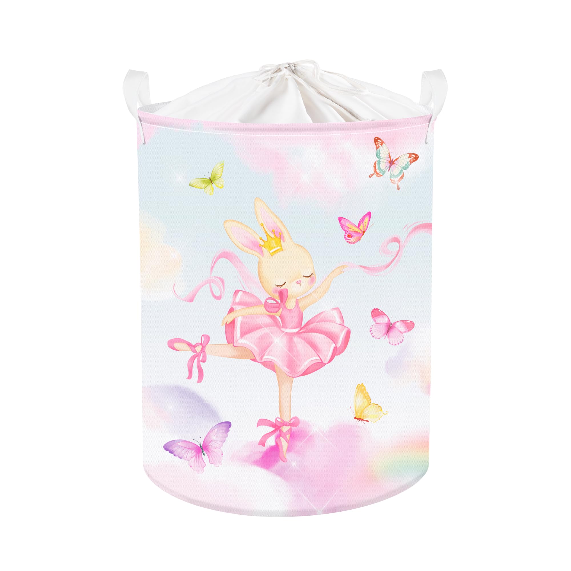 Clastyle 45L Fantasy Rabbit Ballet Dancer Collapsible Laundry Basket Pink Cloud Dancing Butterfly Dirty Clothes Hamper Round Toy Girls Storage Basket with Lid, 14.2x17.7 in