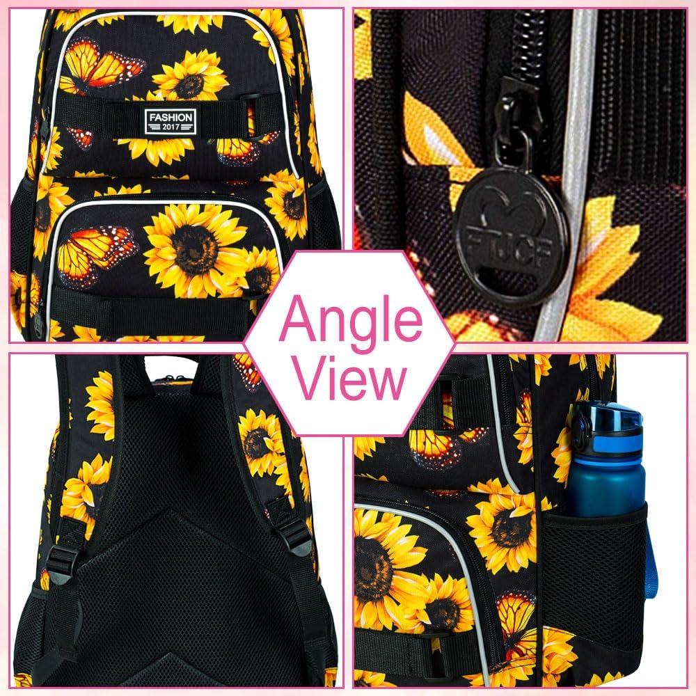 3Pcs Backpack for Girls Women, 17 Inches Sunflower Laptop Backpacks with Lunch Bag, Water Resistant College School Bookbag Set for Teens Students(Yellow)