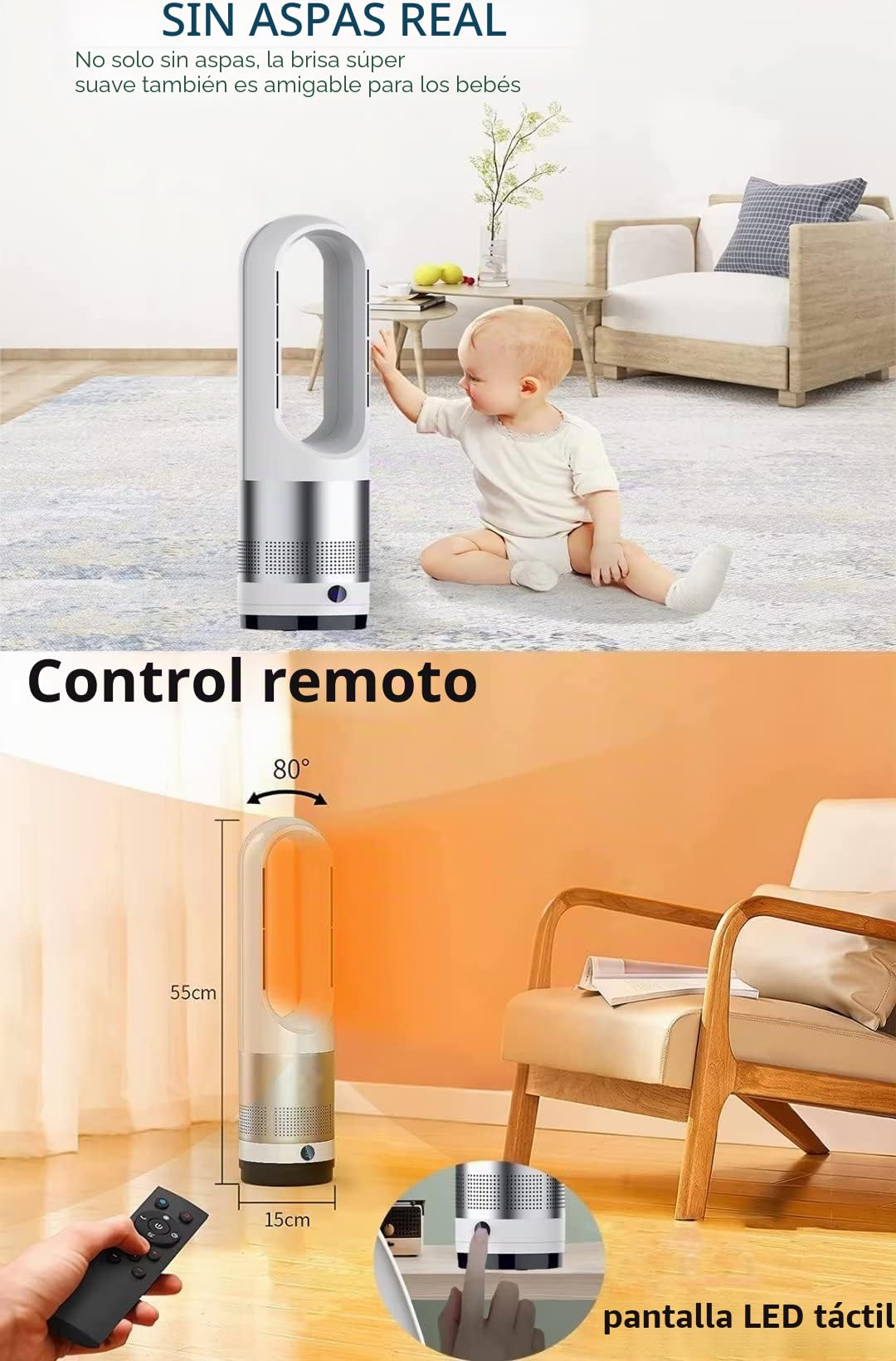 Ventilador de torre sin aspas con control remoto, 8 velocidades, temporizador y purificación de aire para uso en hogar, oficina y dormitorio