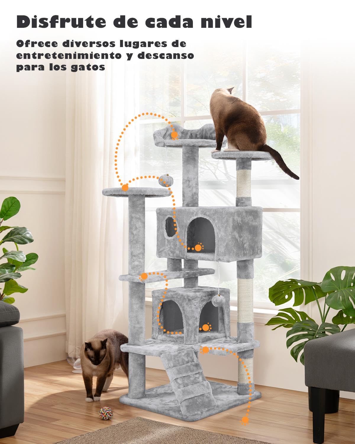Yaheetech Árbol Rascador para Gatos 139cm con 3 Plataformas 2 Nidos 2 Pompones Torre de Escalador con Postes en Sisal Ideal para 3-4 Gatos Gris Claro