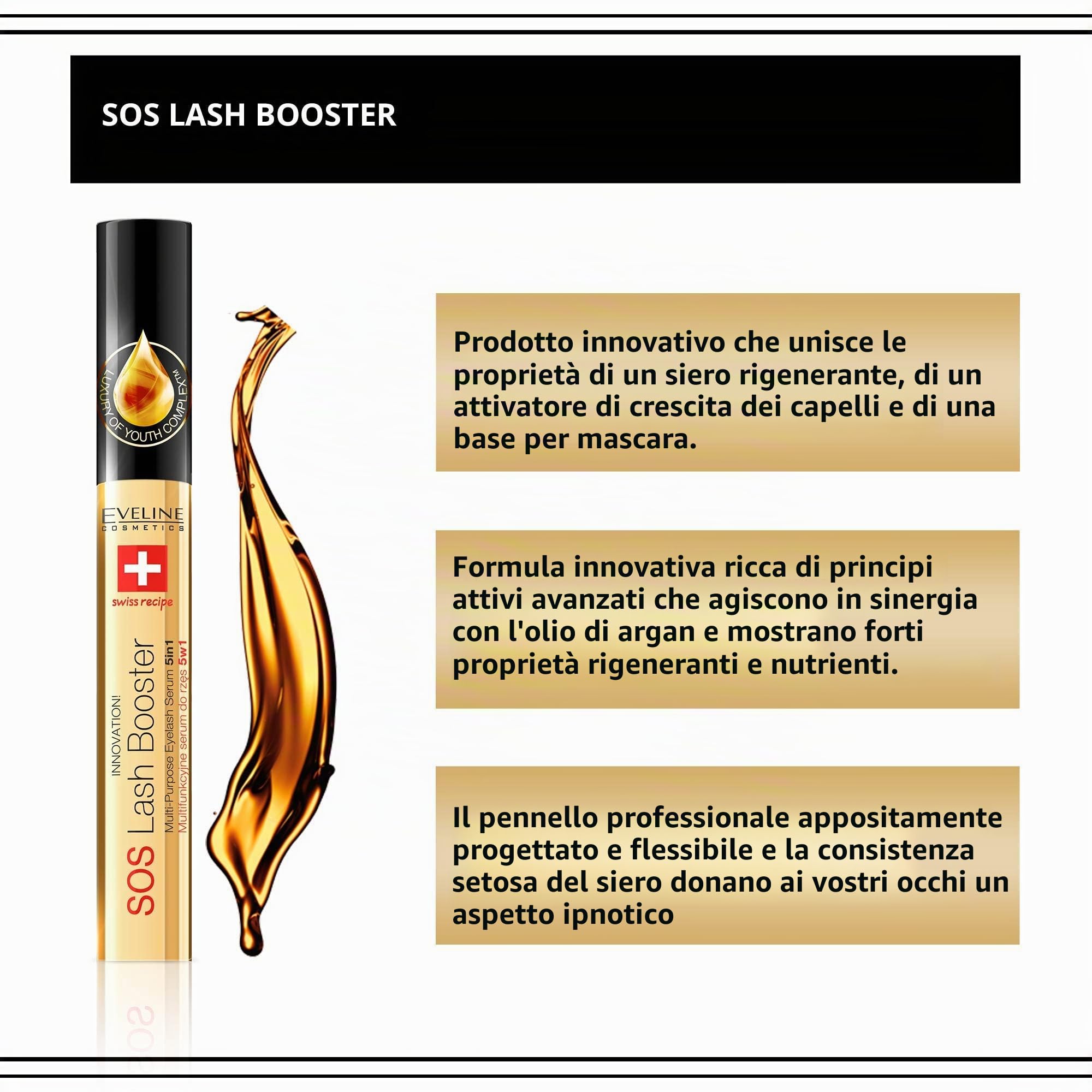 Eveline Cosmetics SOS Lash Booster Siero multifunzionale per ciglia con olio di argan 5in1, 10 ml