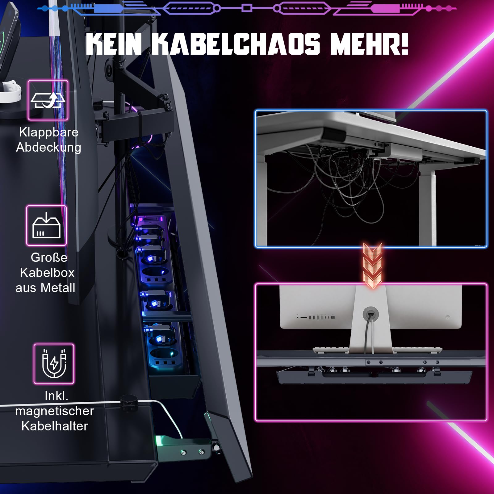 Devoko Höhenverstellbarer Schreibtisch,160x70cm Gaming Schreibtisch mit 20 mm Dicker hautfreundlicher Tischplatte,Dual-Motor Leiser Stehschreibtisch mit LED Lichtleiste & Kabelmanagement
