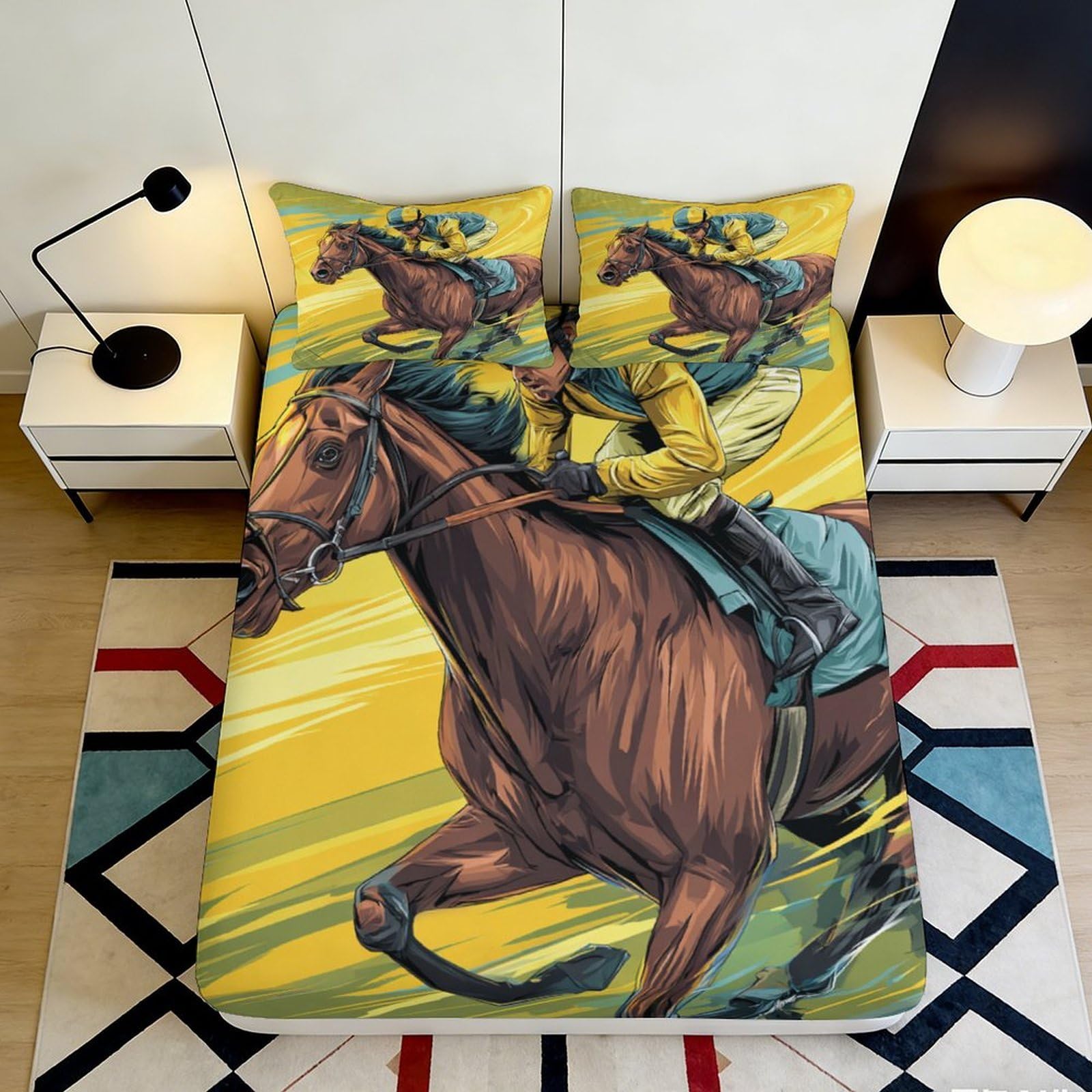 3D Printed Horse Racing Fitted Sheet Microfiber Soft Breathable Jockey Bed Cover for Bedroom Dorm Decor 90x200x25cm