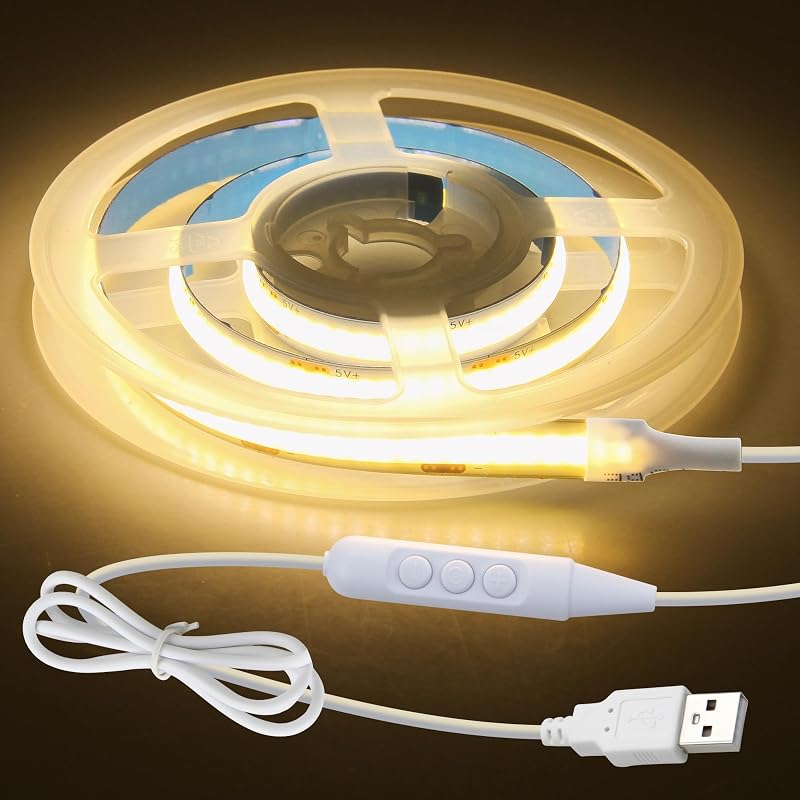 Aclorol USB COB LED Szalag 5M Meleg Fehér 3000K Szabályozható Fényerő 320LED/m Nagy Sűrűségű Rugalmas Világítás TV Háttérfény Szekrény Hálós