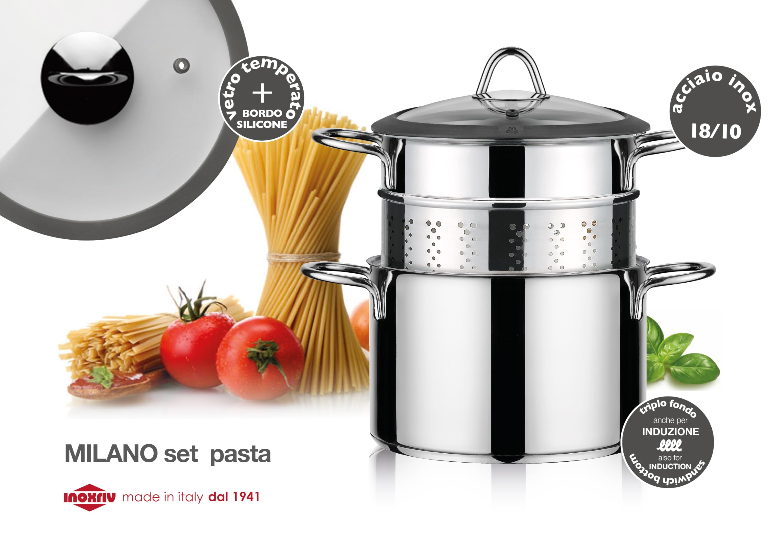 Milano - Olla para pasta, pasta, de acero inoxidable 18/10 con cesta escurridora y tapa de cristal, diámetro de 22 cm, todos los tipos de cocina, fabricada en Italia