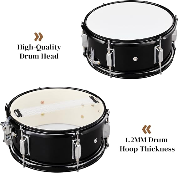 12 x 5.5 Inch Marching Snare Drum Kit with Drumsticks and Adjustable Shoulder Strap & Drum Key, Metal Snare Drum for Students, Beginners & School Band (Black)