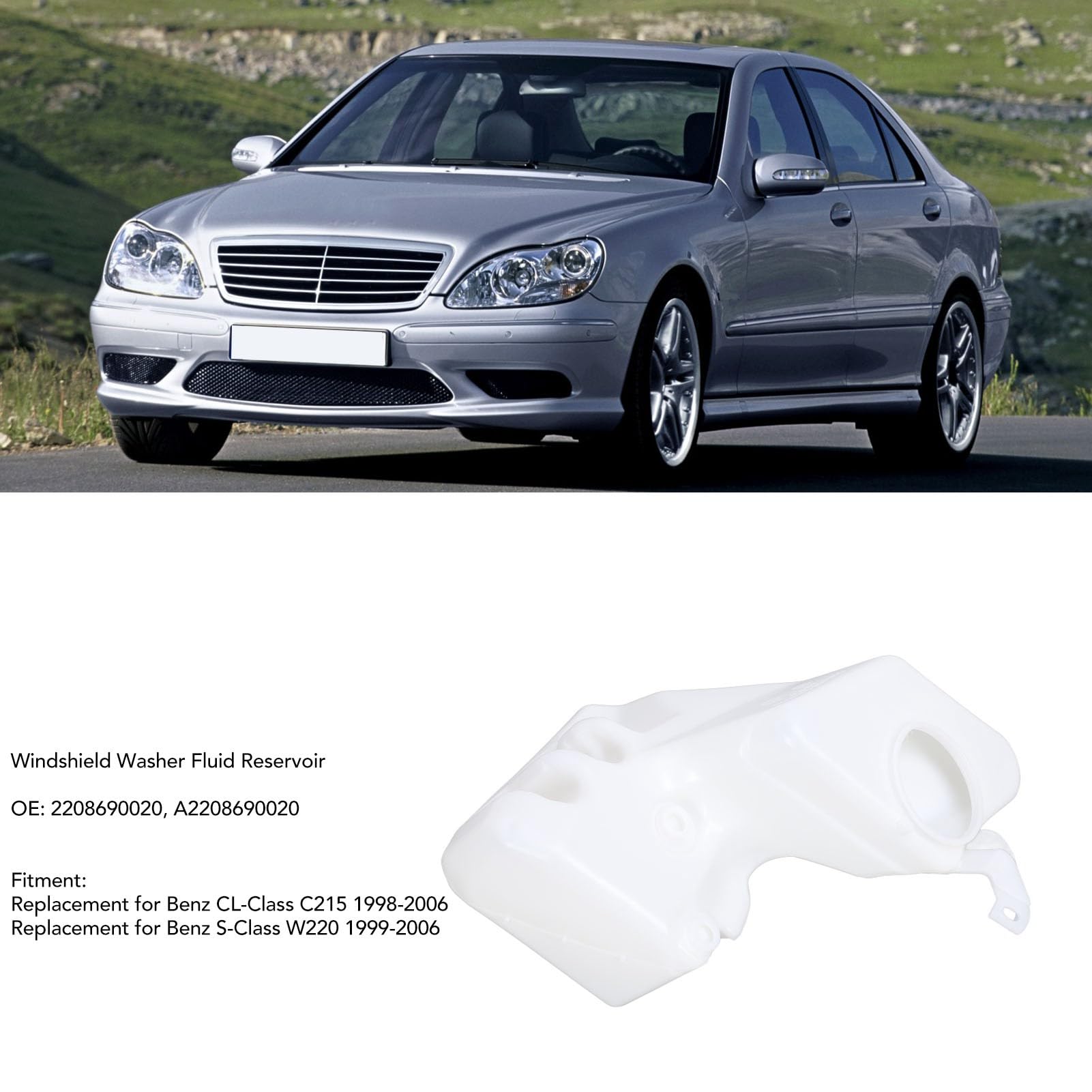 Cryfokt Depósito de Líquido Limpiaparabrisas Reemplazo Duradero para CL‑Class C215 S‑Class W220 Material PP de Alta Tenacidad para Mayor Longevidad Se Adapta a CL‑ C215 1998-2006