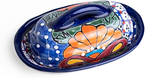 Miniatura 6 de Mantequillera Talavera de cerámica con tapa pintada a mano auténtica cerámica mexicana cocina diseño floral (azul)