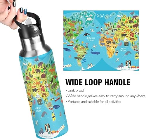 Miniatura 5 de Animal World Map - Botella de agua para niños con tapa con pajilla, bonita botella de agua de acero inoxidable con aislamiento azul, para la