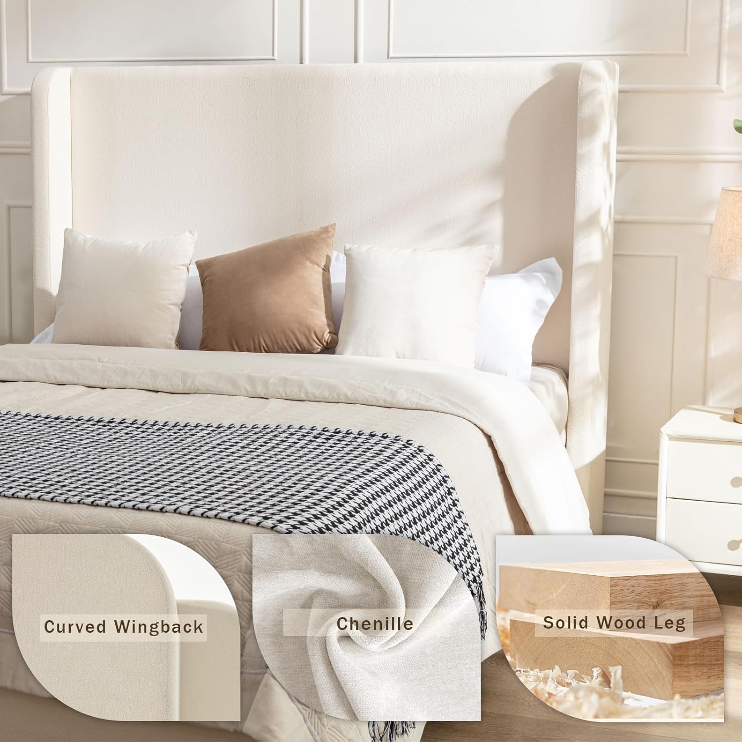 Queen Size Platform Bed Frame,Upholstered Bed Frame with Wing Side Headboard,Chenille Fabric,Strong Wooden Slat Support, No Box Spring Needed, Easy Assembly, Noise-Free,54" High,Ivory