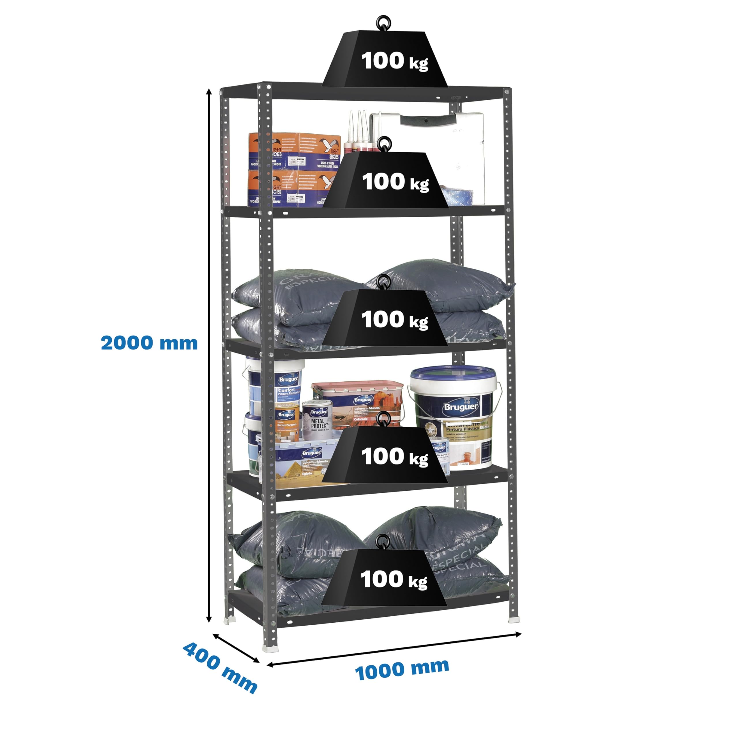 Simon Rack Étagère de Rangement et 5 Niveaux, 100 kg Capacité de Charge et Point de Flexion, 2000x1000x400 mm, Métal, Étagère Garage, Anthracite - Comfort