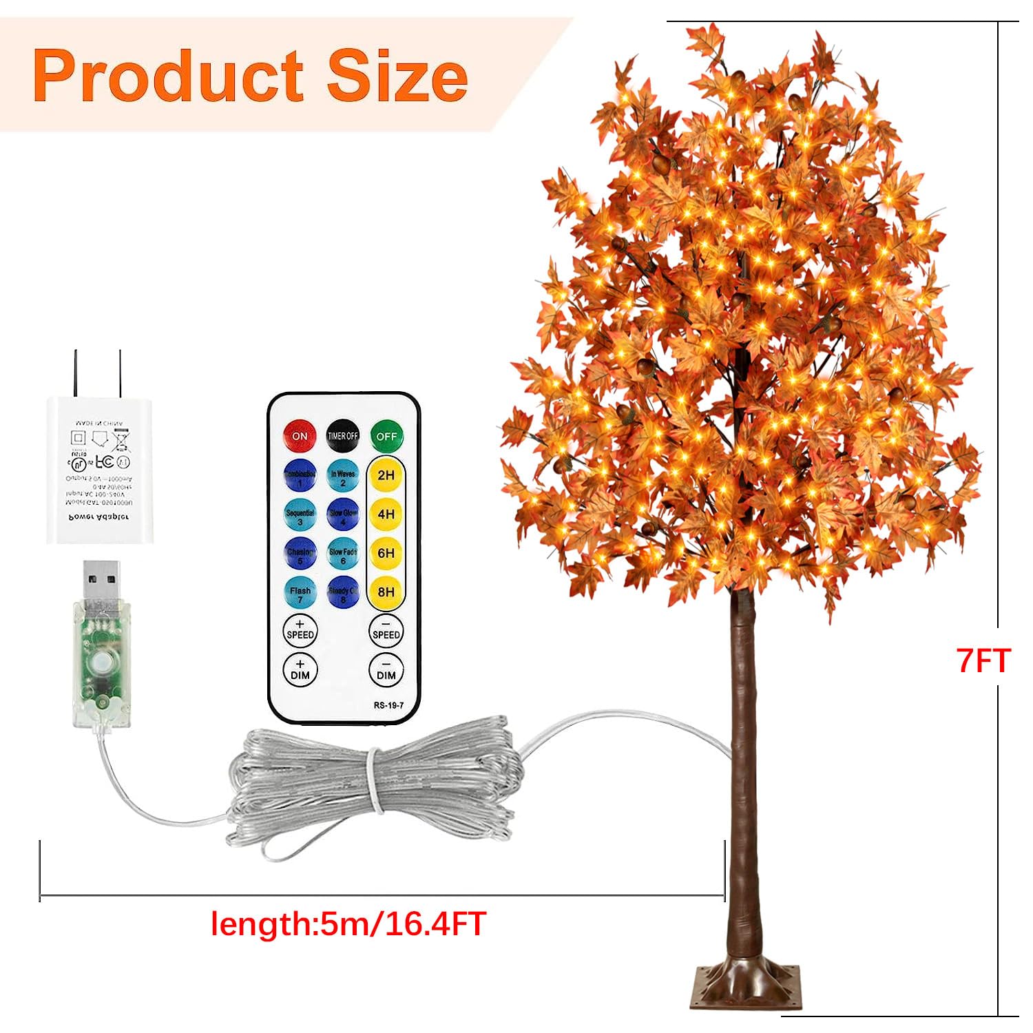 Confezione da 2 alberi di acero artificiali illuminati da 170 LED, decorazione per il Ringraziamento, con 17 rami, 17 ghiande e 340 foglie, telecomando 8 modalità, temporizzazione, CC 5 V, sicuro per