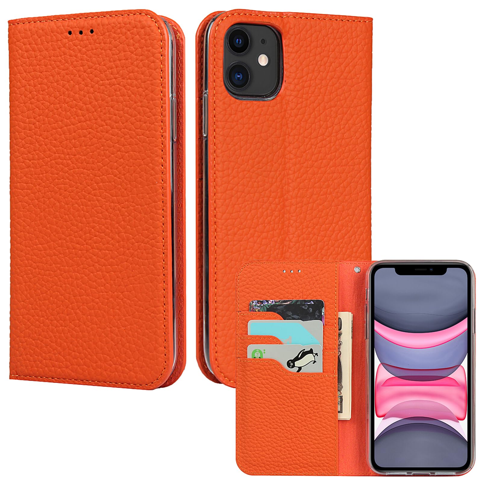 Étui coque pour iPhone 11 cuir véritable RFID pochette orange - 7