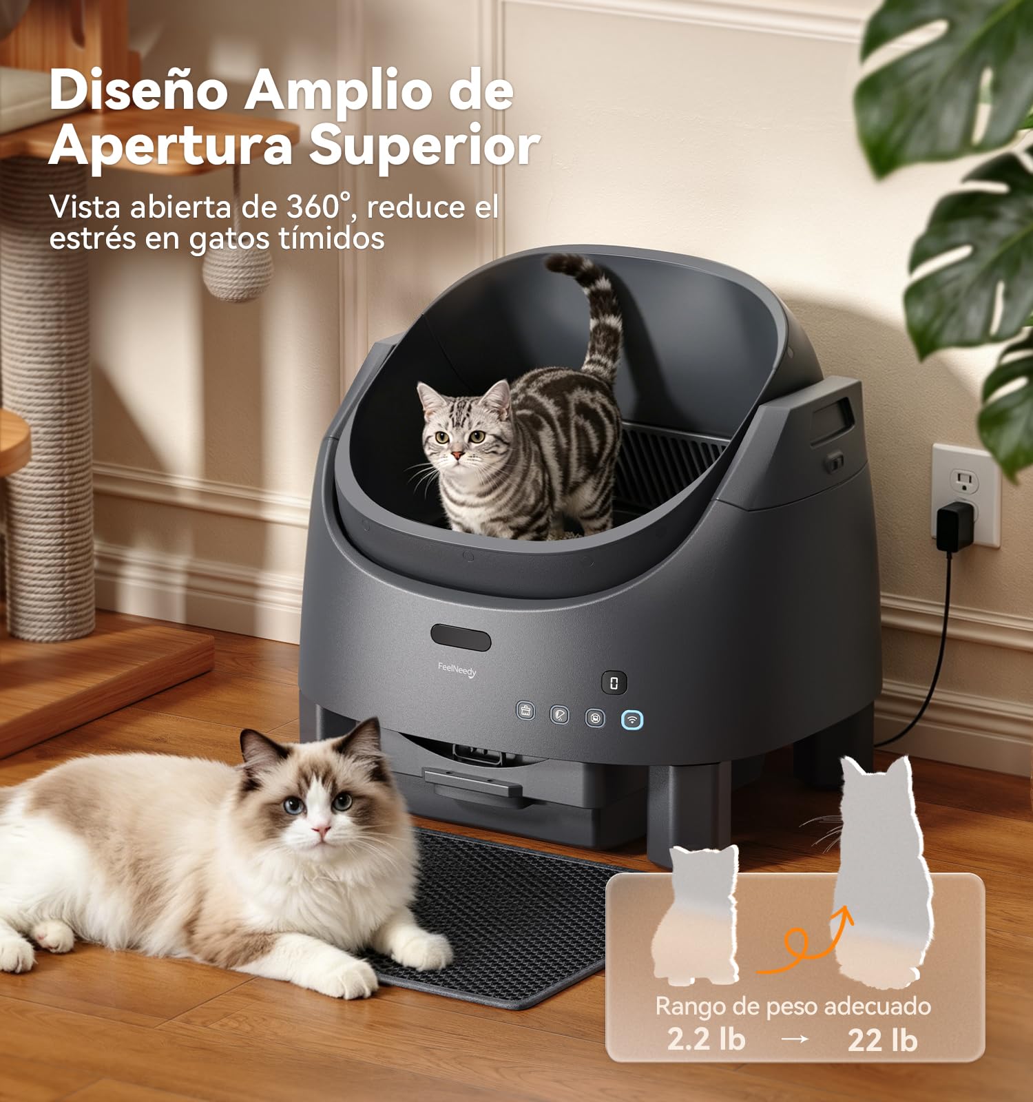 FEELNEEDY Arenero Gatos Autolimpiable | Sistema de Neutralización de Olores para Gatos 1-15kg, Control App & Seguridad Multi-Sensores, Altura de Entrada Regulable