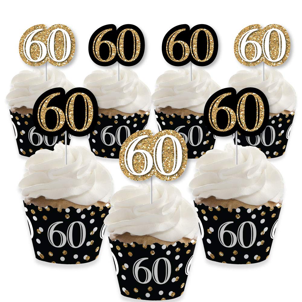 Big Dot of Happiness Adult 60th Birthday - Gold - Cupcake Decoration - Birthday Party Wrappers and Treat Picks Kit - Set of 24