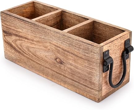 Samhita Mango Wood Cutlery Holder Caddy Organizer Wooden Utensils Storage Organizer Countertop for Silverware Fork Spoon Spatula 3 compartments (27.94cm x 10.16cm x 11.43cm)